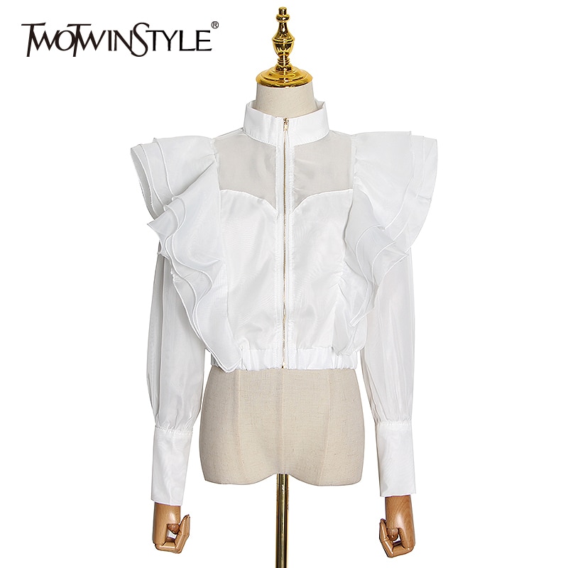 TWOTWINSTYLE-Blusa holgada informal con manga larga para mujer, camisa con volantes y cuello alto, ropa a la ,