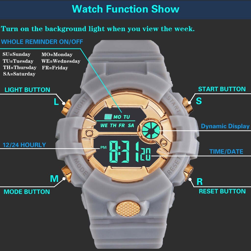 Mode Waterdichte Horloge Jongen Lcd Digitale Stopwatch Datum Rubber Sport Polshorloge Beweging Horloges