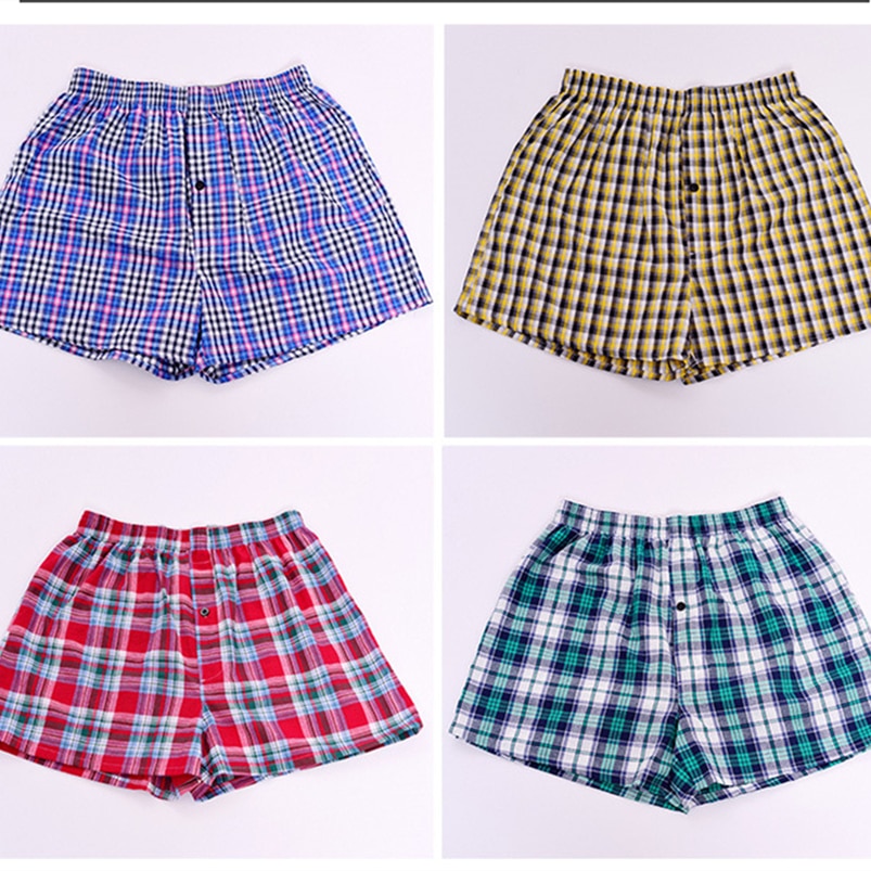 4-Pcs Loose Breathable Men&#39;s Boxer Shorts Woven Cotton 100% Classic Plaid Combed Male Underpant