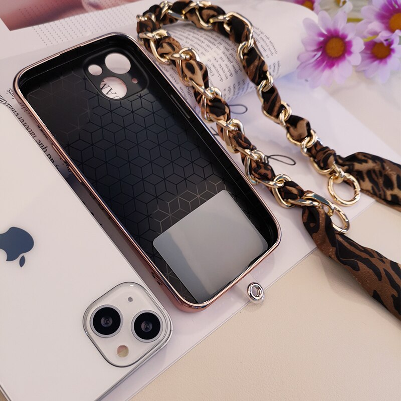 Leopard Print Silk Scarf Chain Hand Lanyard Plush Strap Mobile Phone Wrist Strap Anti-lost Lanyard Strap bag Anti-lost Lanyard