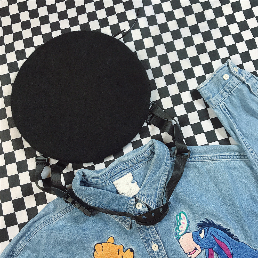 Harajuku Fibbia Regolabile Donna Berretti Neri di Modo di Autunno di Inverno Della Ragazza del Cappello Pittore