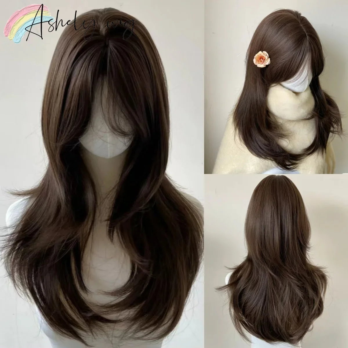 Perruque brune pour femmes bandeau corps brun droit synthétique Rose modèles de cheveux en frange française haut niveau Simulation cheveux perruque 가: Default Title