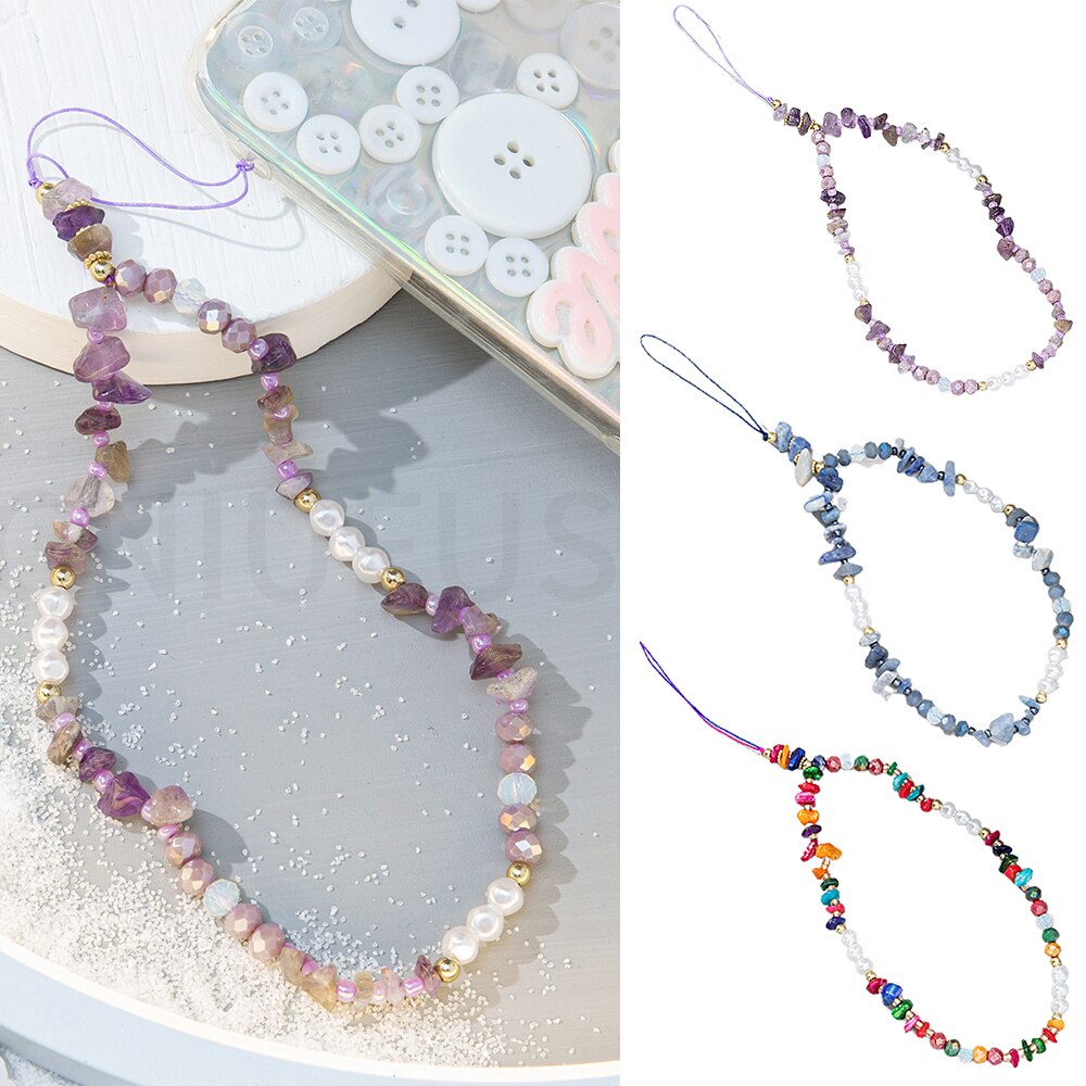Catena di cellulare con perle di ghiaia moda cinturini per cellulare con perline fascino catena appesa cordino anti-perso cinturino da polso portachiavi