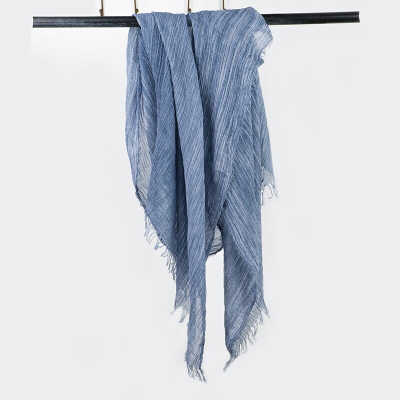 Efterår sommer tørklæde ensfarvet vintage bomuld linned tørklæder plisserede kvinder tørklæder moderigtige udskæringer og stoles 190*85cm: Denim blå