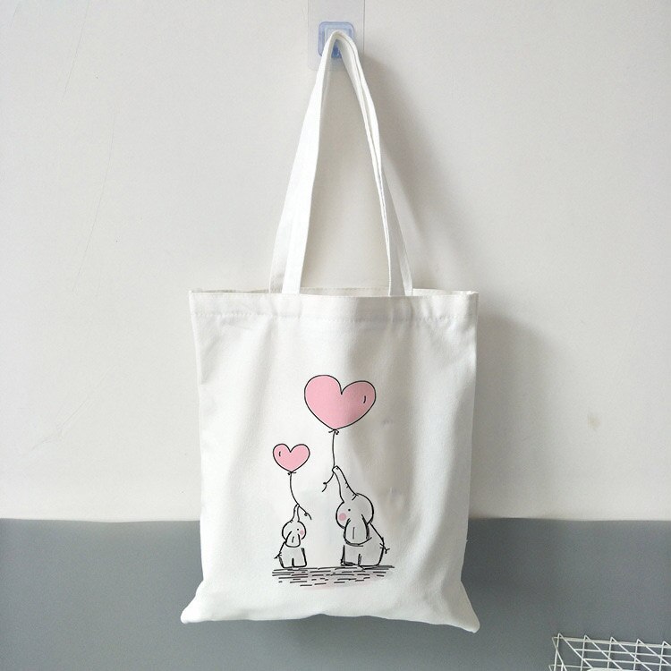 Kawaii söt elefant ballongtryck college canvas axelväska tecknat tryck stor kapacitet vita väskor tryckta väskor: B0972- msk-m