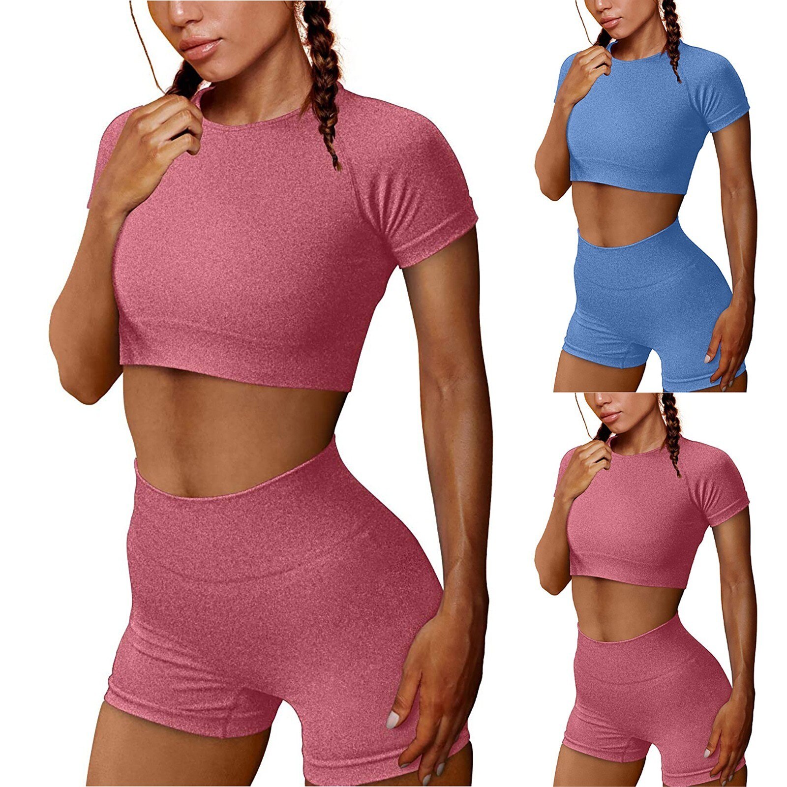 Zomer Naadloze Yoga Set Vrouwen Kleding 2 Stuk Sport Crop Top T-shirt + Shorts Leggings Push Up Fitness Workout gym Pak #7