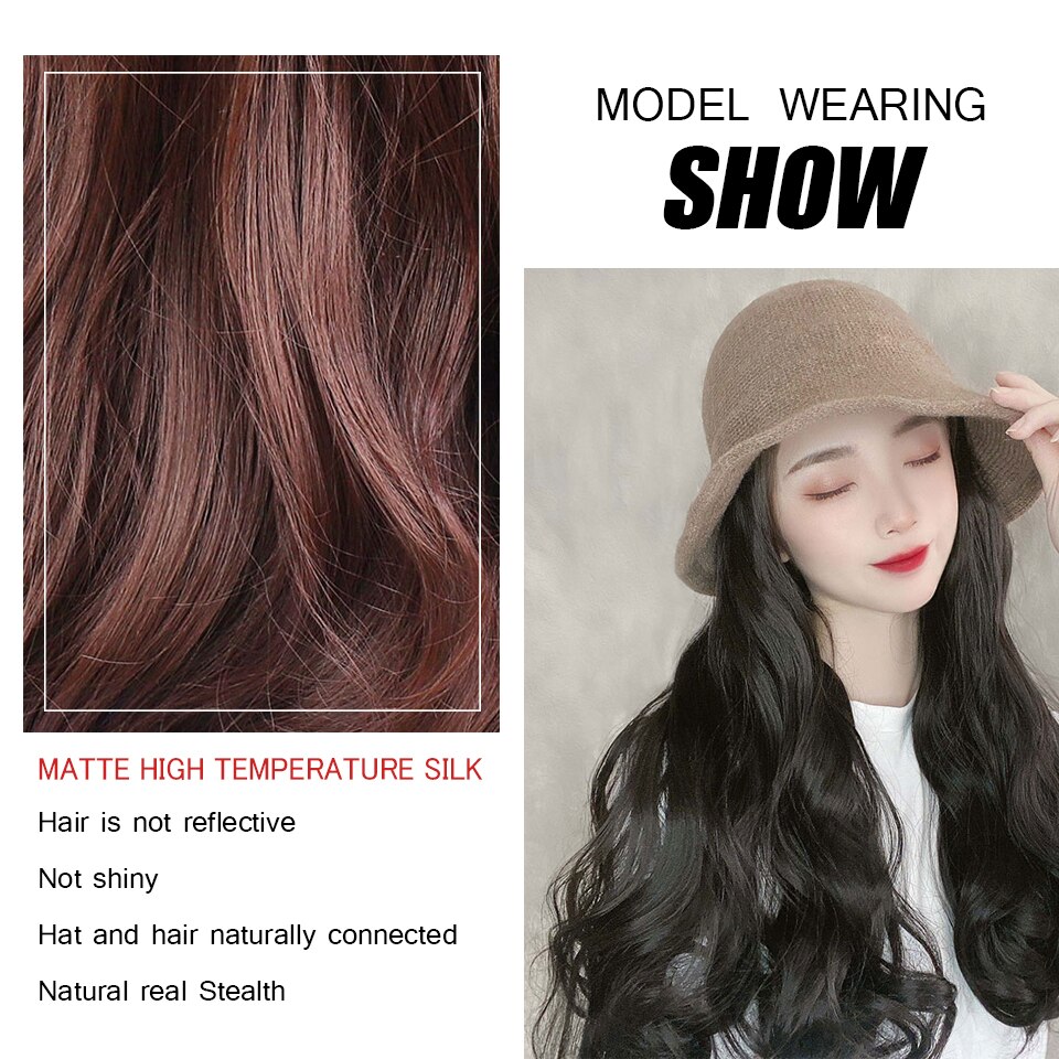 HUAYA chapeau perruque synthétique Long ondulé bouclé chapeau de pêcheur Extensions de perruque femmes résistant à la chaleur fibre quotidien faux cheveux chapeau