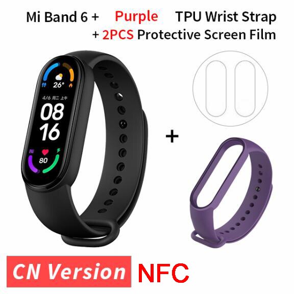 Xiaomi-pulsera inteligente Mi Band 6, accesorio deportivo resistente al agua hasta 5atm, con Pantalla AMOLED de 1,56 pulgadas, control del ritmo cardíaco, Bluetooth y NFC: purple strap film