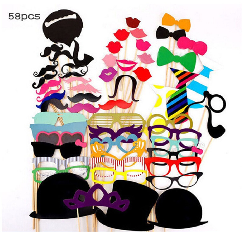 58Pcs/Set DIY Ball Masks Photo Booth Wedding Decoration Birthday Props Party Masks Mustache Glasses Lips