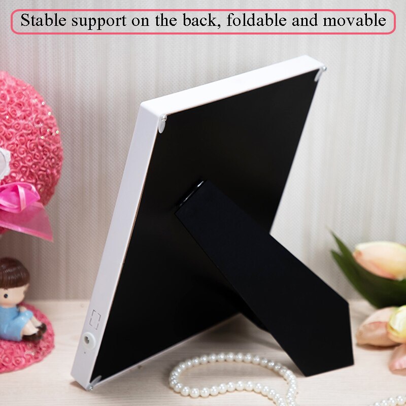 Table cadre photo de style japonais avec cadre blanc avec LED lumineux + USB, utilisée pour la décoration d'étude et l'affichage de photos 7 pouces