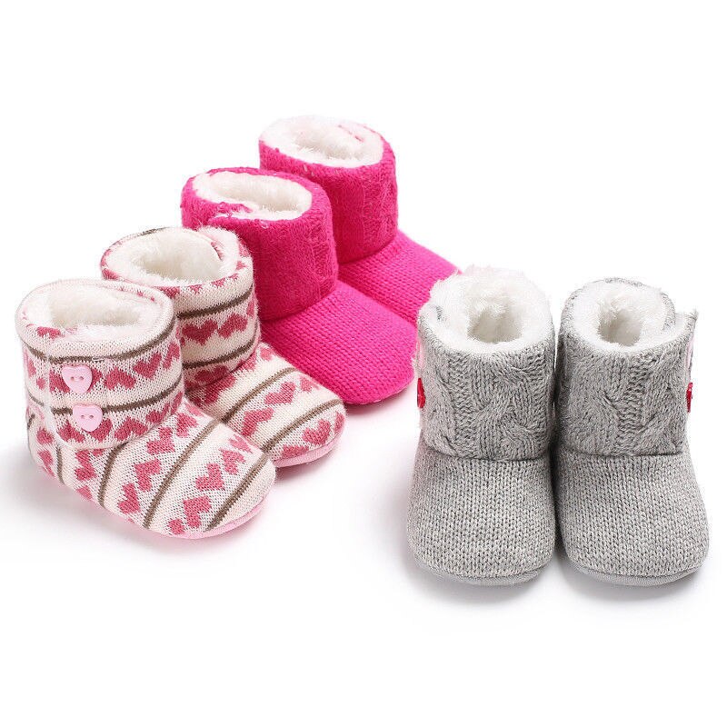 Winter Warm Cute Baby Boy Girl Infant Toddler Boots Shoes Heart Print Soft Knitted Slippers 0-18M 3 Style