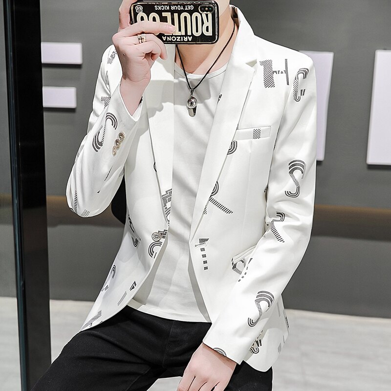 Korean Slim Men Blazers Casual Suit Jacket Autumn Street Wear Social Men Clothing Wedding Business Printing Dress Coat 3XL