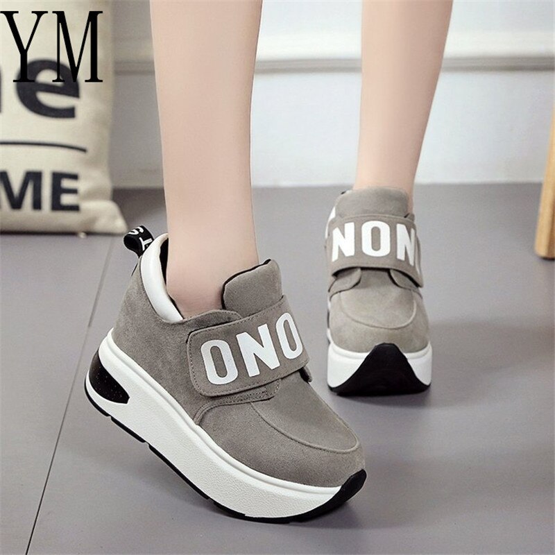 Wiosna jesień zwiększone 8cm płaskie buty na platformie z pętelką na rzepy zwykły słodkie damskie trampki płytkie buty damskie 35-40