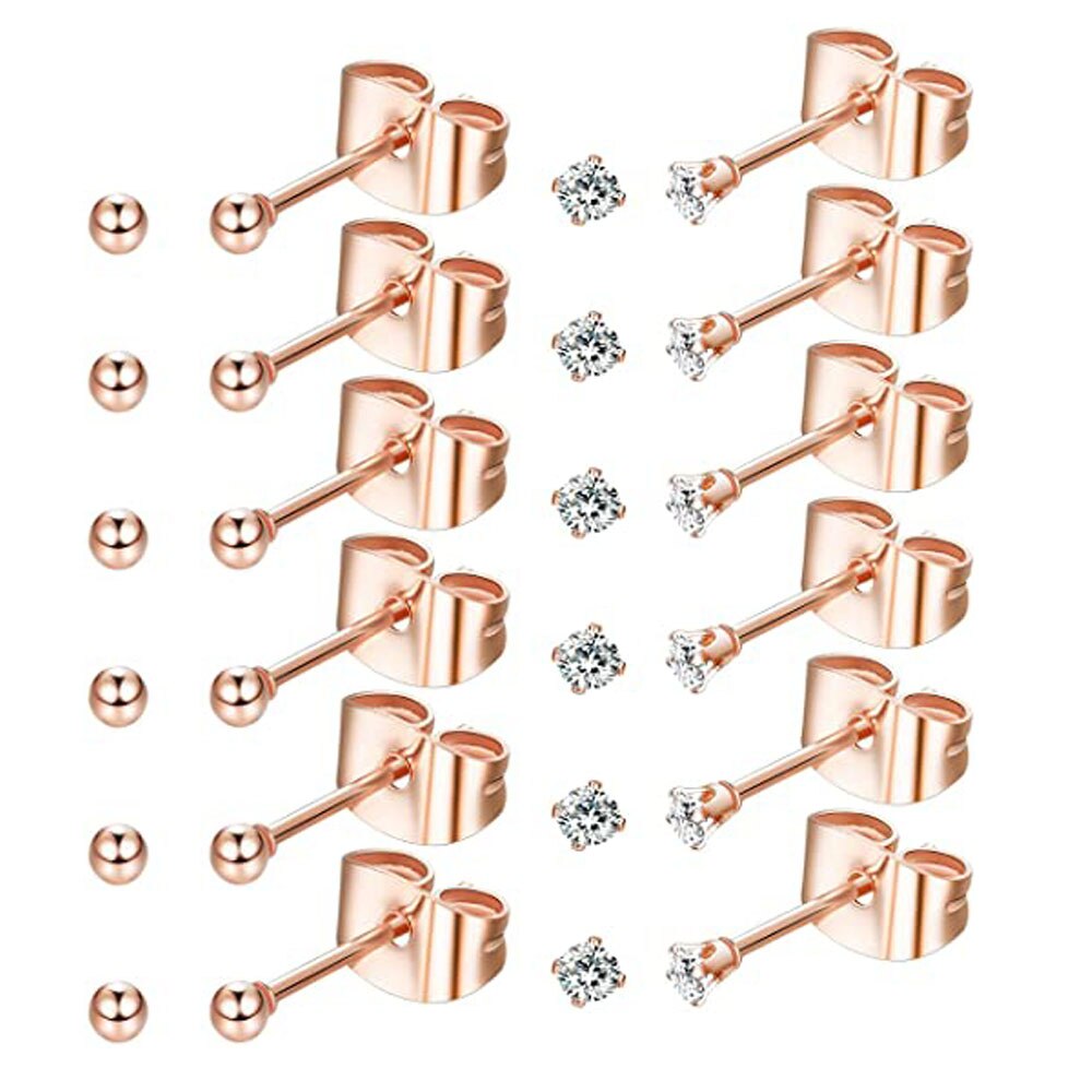 6 pares de aretes pequeños de acero inoxidable de 2 mm para hombre y mujer, aretes de bola redonda CZ, conjunto de: Bronce antiguo plateado