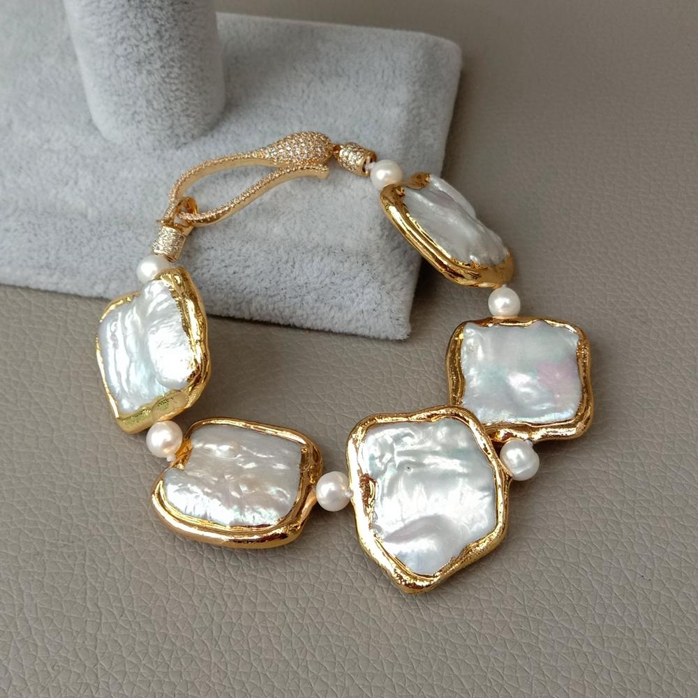 natural geometric White Square Keshi Pearl Gold color plated Bracelet 8" handmade For Wedding Women Girls Lovers