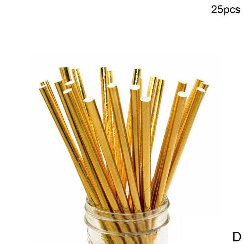50pcs Gold foil Disposable Paper Straw Christmas Wedding Cartoon Birthday Supplies Party Degradable Juice Drink Straw Kids G2M4: D