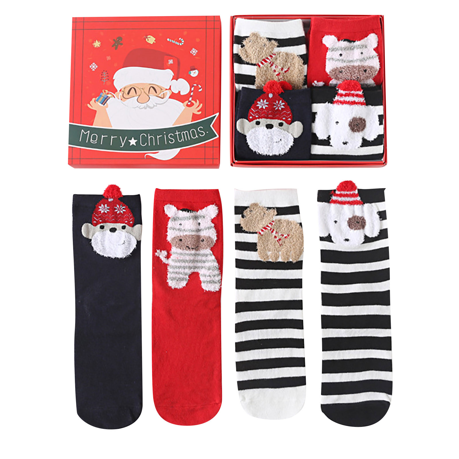 4 Paires Chaussettes Noël - Coton Femme Mi-mollet - Cartoon Décoratif - Hiver Festif: Bleu saphir profond