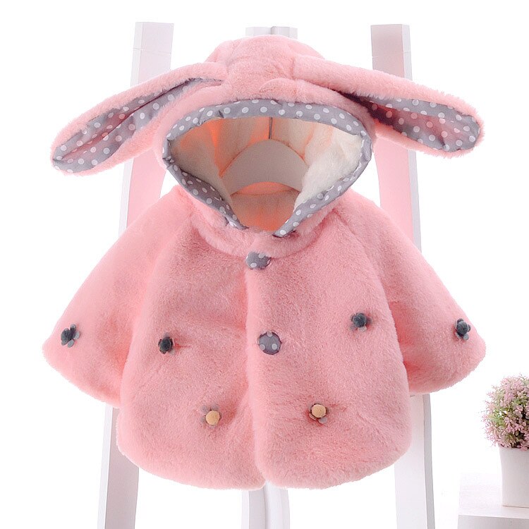 0-24m vinter nyfødte spædbarn barn baby pige hætteklædt pelsjakke langærmet jakke kanin øre hættetrøjer overtøj pige tøj tøj: Lyserød / 18m