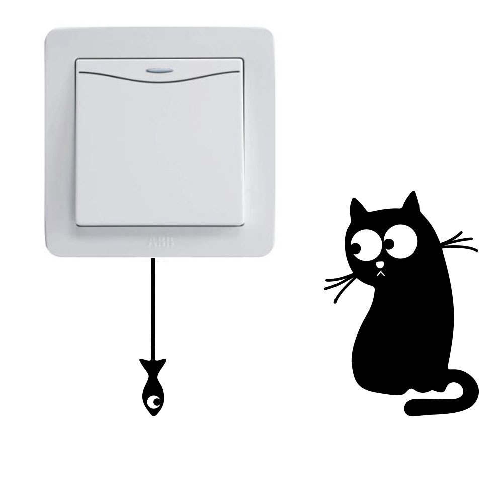 Funny Hungry Cat See The Fish Switch Phone Wall Stickers For Kids Rooms Diy Home Decoration Cartoon Animals Wall Decals#0616