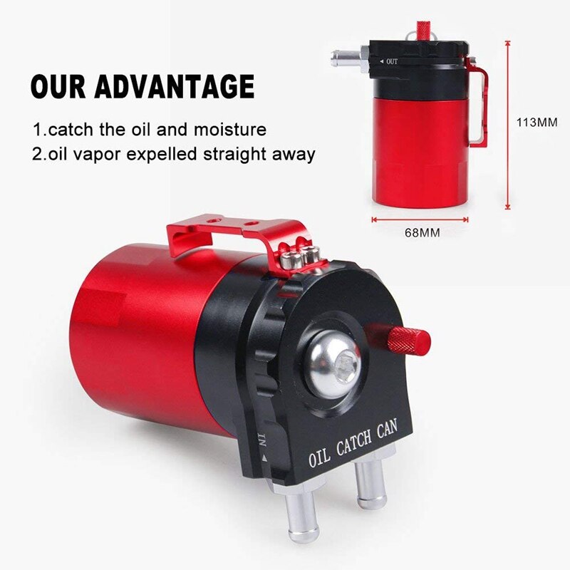 Baffled Universal Aluminum Oil Catch Can Reservoir Tank 300ml With Breather Filter Black+Red