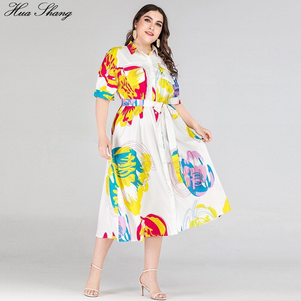 Färgglada tryck skjortklänning kvinnor sommar kort ärm casual klänning plus size maxi långa klänningar