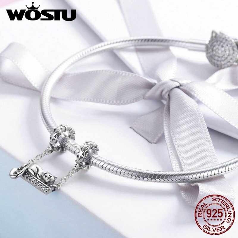Wostu 925 Sterling Zilver Leuke Kat Liggen Swing Huisdier Charmes Fit Armband Hanger Kraal Vrouwen Mode-sieraden FIC856
