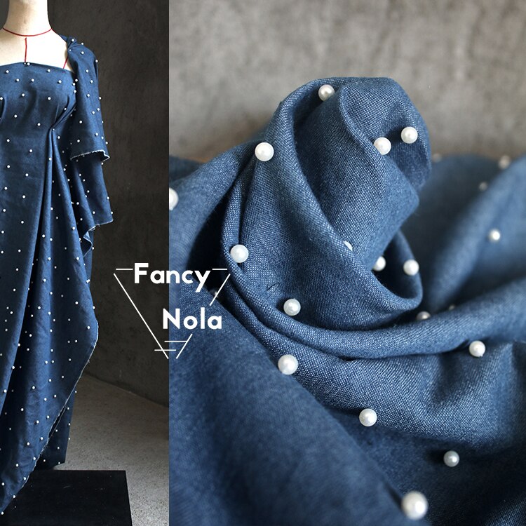 Pearl denim 150cm bredde håndlavet beaded denim blå klud gør-det-selv 3d stereo stof  cg086