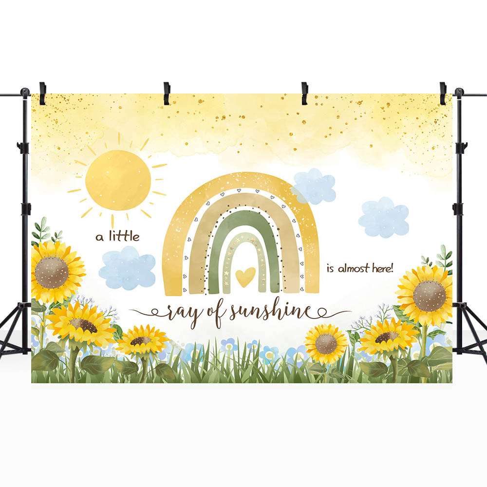 Mocsicka Boho Rainbow Baby Shower Background Sunflower A Little Ray of Sunshine is almost Here Backdrop Girl Welcome Party Decor