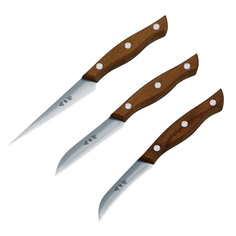 Goldbaking Kitchen Carving Knives 3 PCS Set Chef Sharp Well Food Fruit Platter Beech Wood Handle Paring Main Knife