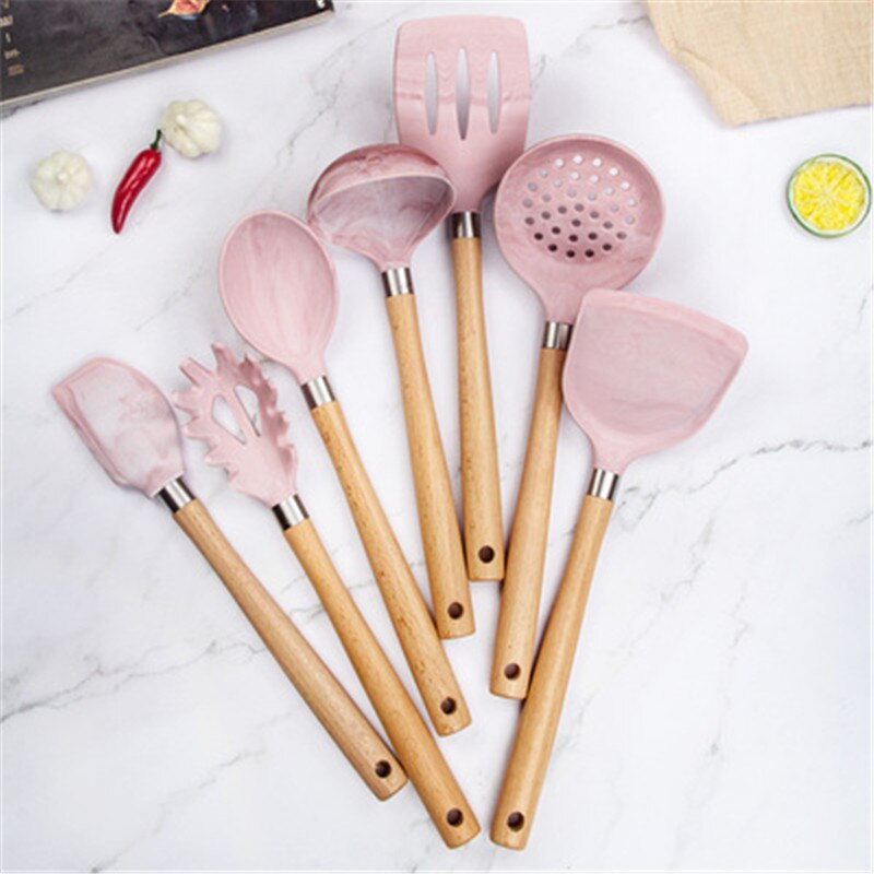 Pink Silicone Kitchen Utensils Set Heat Resistant Nonstick Baking Cooking Tools wooden handle Kitchenware Accessories