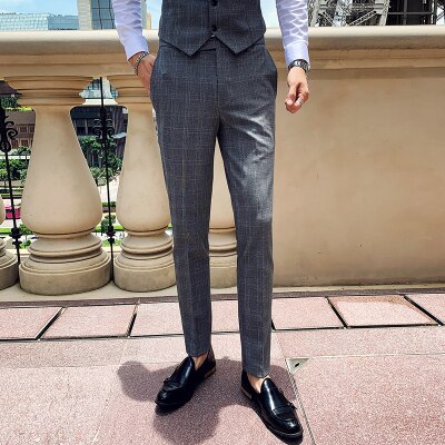 Pantalon habillé hommes formel bureau Pantalon pour hommes gris Plaid Social Slim Fit fête parfum Masculino Pantalon Costume Homme: Light Grey Plaid / 33