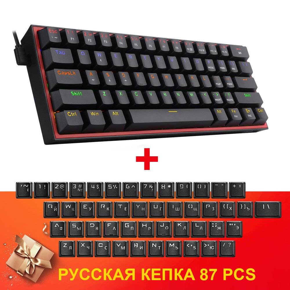 REDRAGON-miniteclado mecánico Fizz K617 para videojuegos, teclado con cable desmontable, 61 teclas, color azul, arcoíris, USB, portátil, para viaje