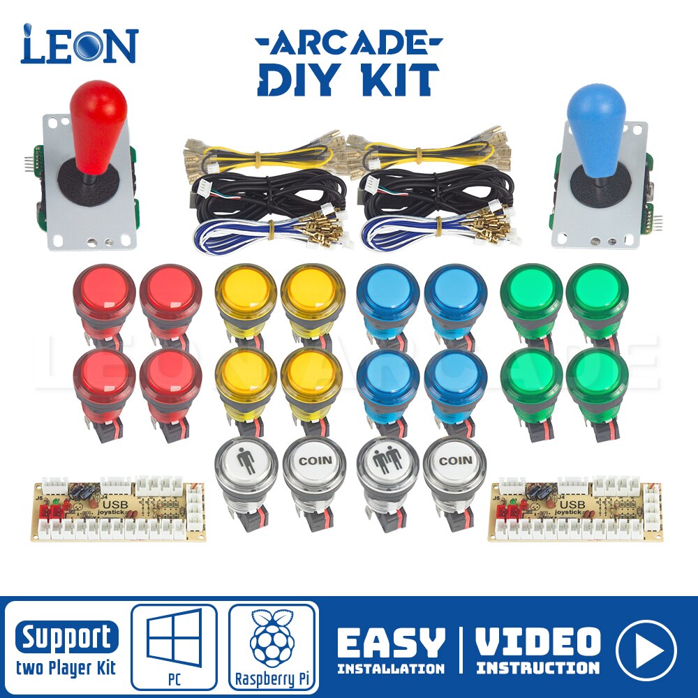 Kit Arcade 2 Speler Raspberry Zero Delay Encoder Kit Led Arcade Knop Stijl Verlichte 5pin 8 Manier Arcade Joystick Mame jamma: Mix color as picture