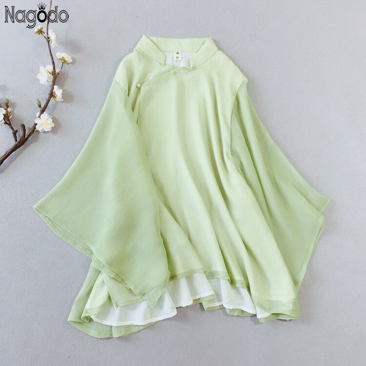 ¡Novedad de primavera-verano ! Blusa china de Nagodo, camisa de té Zen de doble capa de hilo, Top de gasa estilo chino clásico Hanfu para mujer