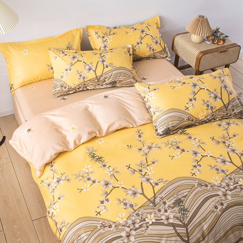 Kinesisk stil gula sängkläder set, 220 × 240 påslakan set örngott 3 st, plommon blommönster påslakan dubbel queen king