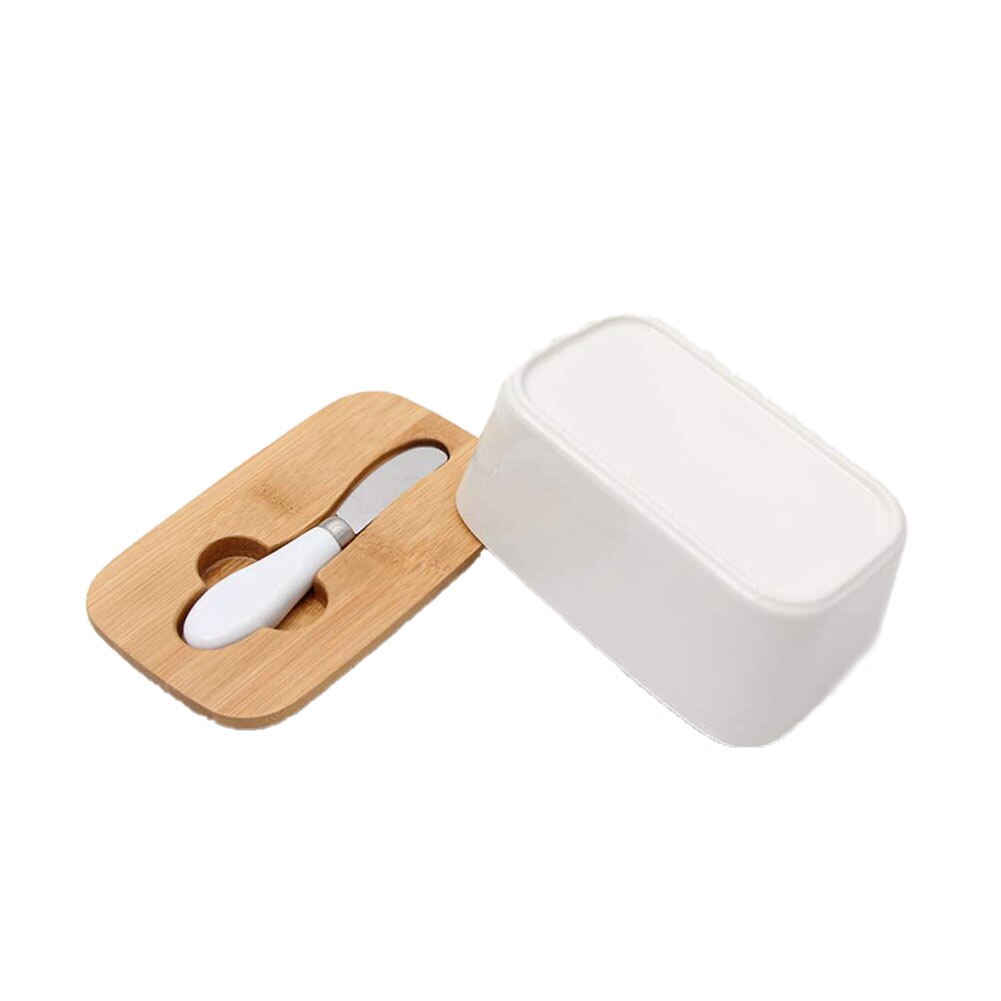 Ceramic Butter Container Set, Rectangle Butter Sealed Can + Wood Lid + Cutter + Silicone Loop(Pure White/Letter)