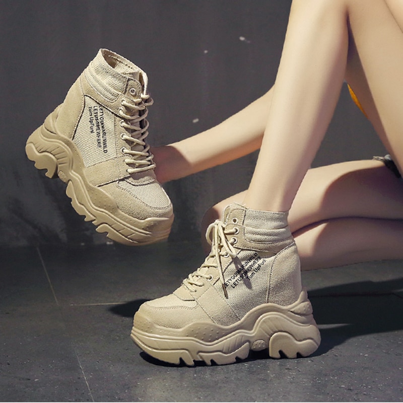 Botas de otoño para mujer, zapatillas de plataforma alta de 12CM, botines de aumento de altura, suela gruesa, zapatos de lona transpirables, novedad de