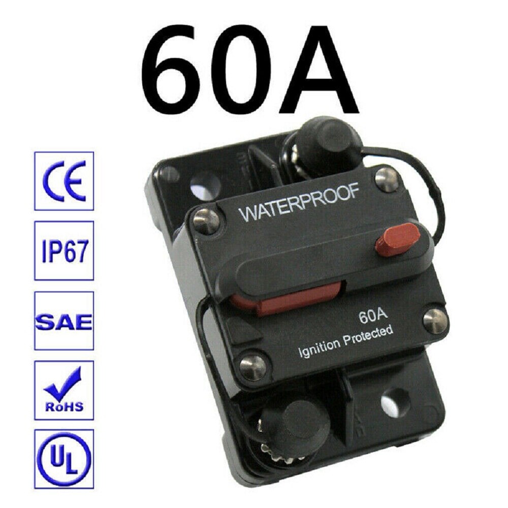 40A 50A 60A 70A 80A AMP Circuit Breaker Dual Battery IP67 Waterproof 12V 24V Fuse Reset Housing is thermal plastic: 60A
