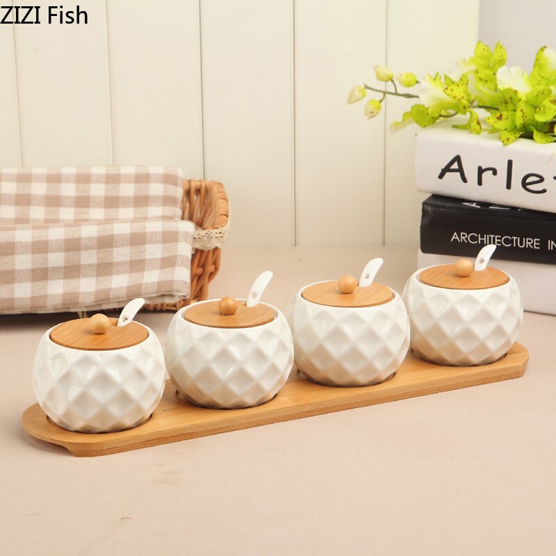 Korean Style Ceramic Condiment Jars Set with Bamboo Lids Tray Porcelain Spice Containers Salt Pepper Sugar Organizer