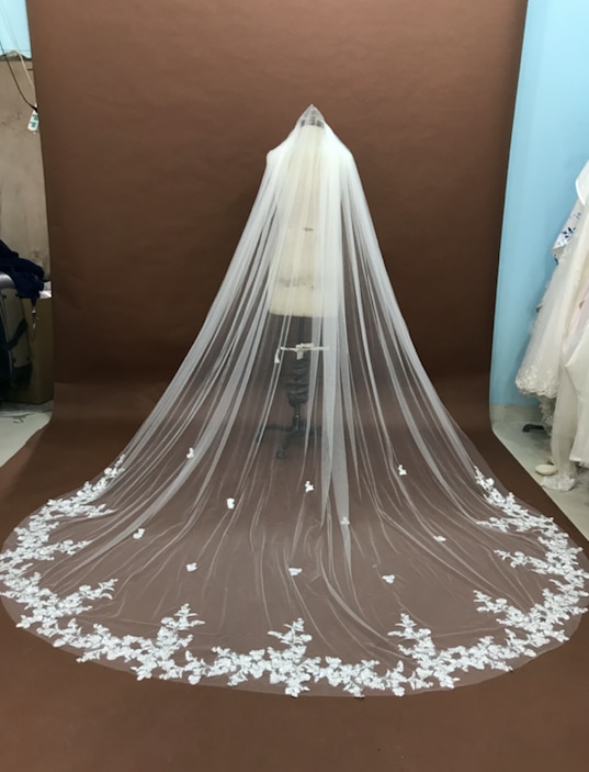 Royal Elegance Real Photo One Layer Wedding Veil With Metal Comb White Lace Applique Bridal Veils Cathedral Wedding Veil