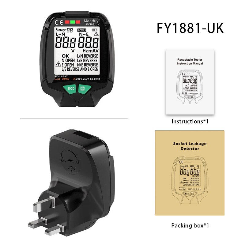 Generation Full Screen Socket Tester Ground Zero AC Voltage Tester 30V-250V RCD Test Plug Polarity Phase Check EU/US/UK: UK