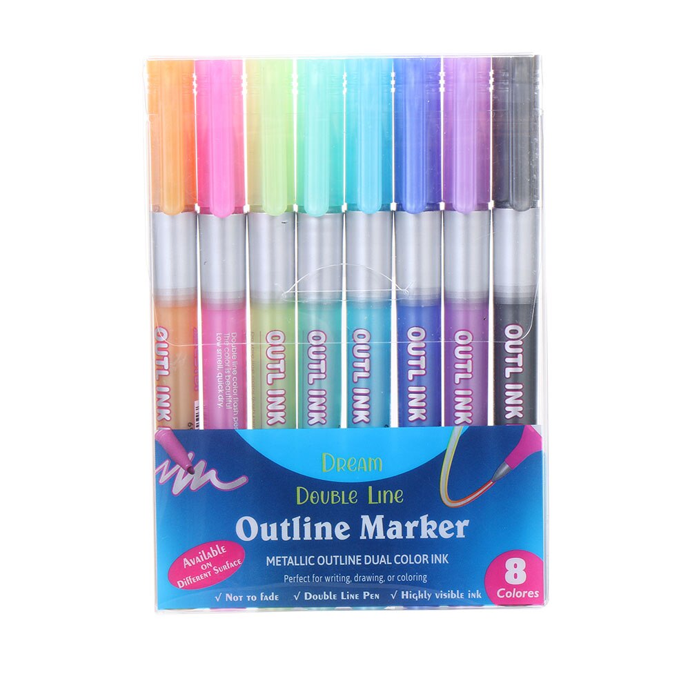 Double Line Outline Metallic Markers Magic Shimmer Paint Pens for Kids Adults Drawing Marker Pen Art Painting Learning Supplies: 8pcs setB
