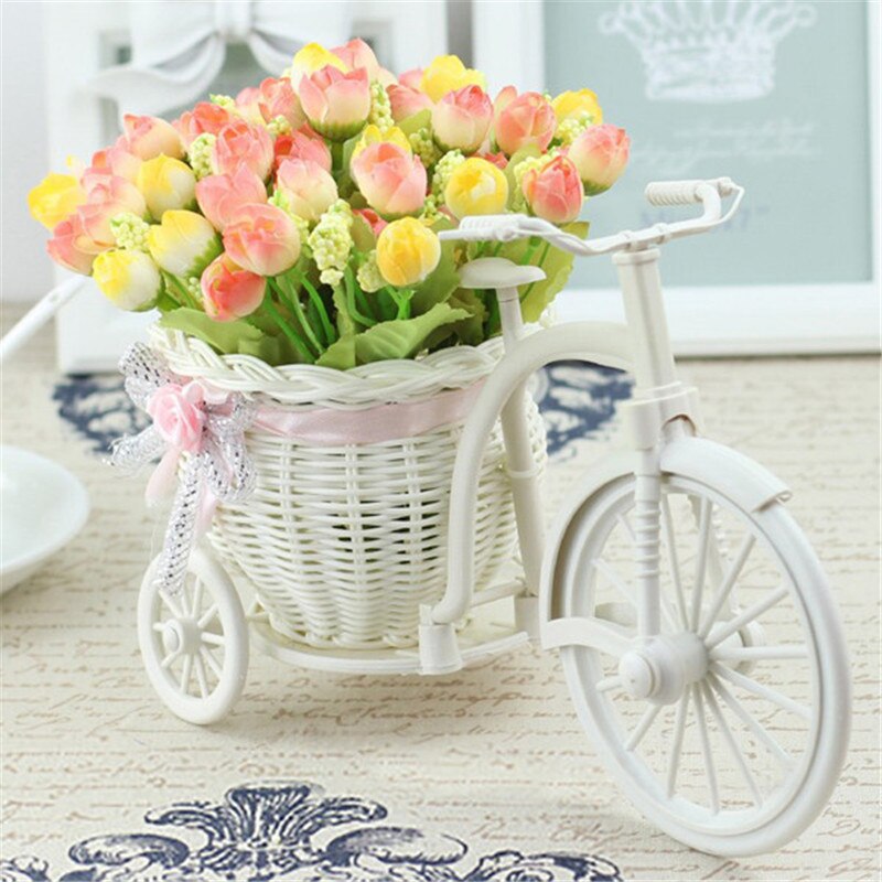 Rotting cykel vas med siden blommor färgglada mini ros blomma bukett tusensköna konstgjorda blommor för hem bröllop dekoration: A05