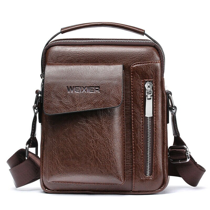 Mens Business Casual Shoulder Cross Body Messenger PU Leather Handbag Travel Bag: Auburn