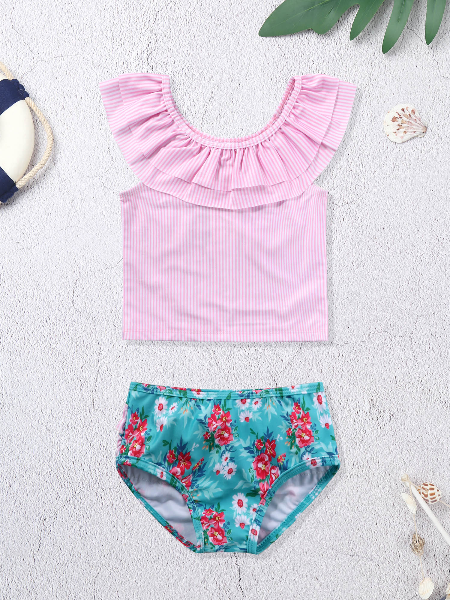 Kids Swimsuits Girl's Bathing Suit Striped Tankini Set Ruffle Tank Top Floral Print Bikini Bottom 2Pcs Swimwear for Little Girl