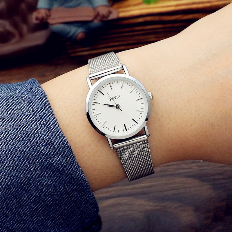 Par de relojes de acero inoxidable con correa de malla para hombre y mujer, relojes sencillos para estudiantes y escuela, reloj minimalista