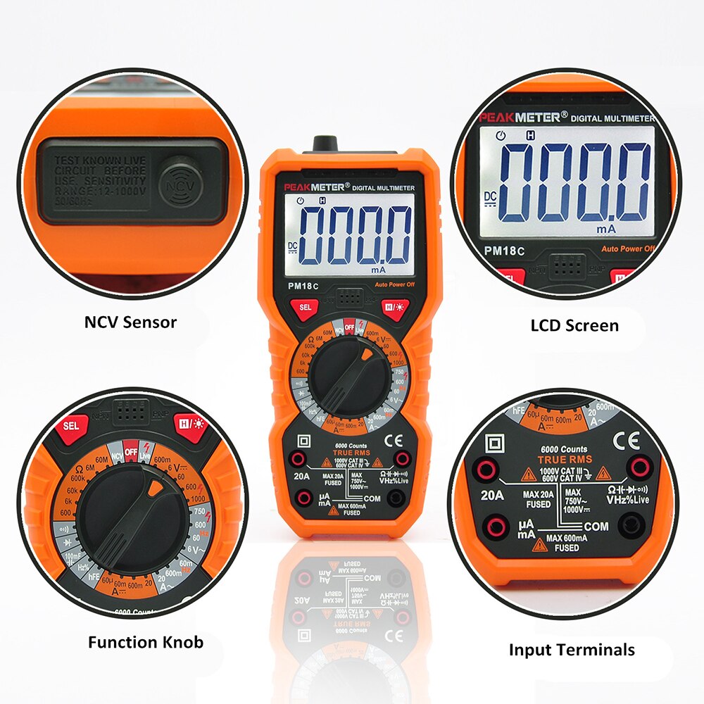 Peakmeter  pm18c sand rms digitalt multimeter, der måler ac/dc spænding strøm modstand kapacitans frekvensmåler