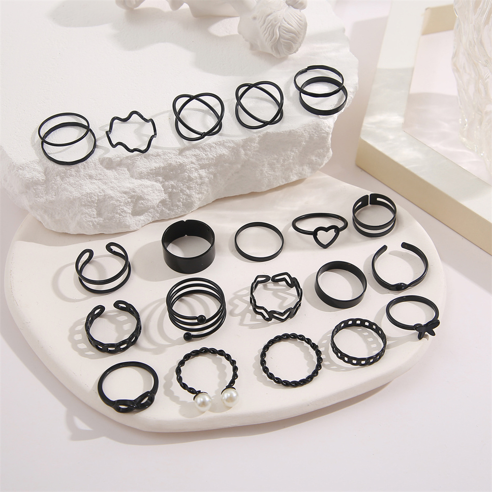 22 Teile/satz Gothic Schwarz Farbe Aushöhlen Finger Ringe für Frauen Mädchen Geometrische Gothic Liebe Herz Spirale Knöchel Ring einstellen schmuck