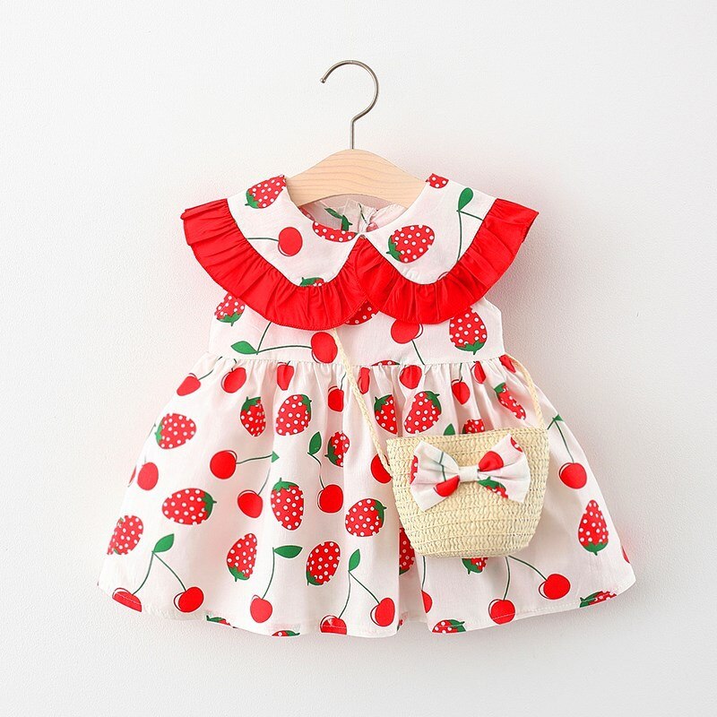 babzapleume Summer Korean Princess Dresses Infant Girl Clothes Cute Print Strawberry Sleeveless Newborn Baby Dress+Bag BC2052: A / 6(0-6M)