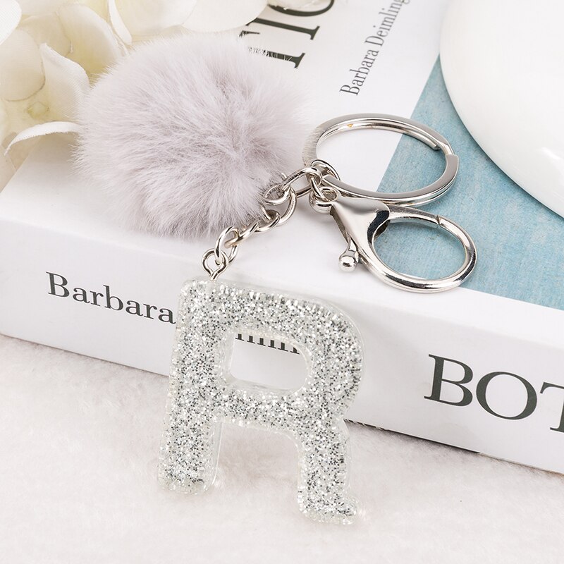 1 PC Sleutelhanger Zilver Kleur Engels Brief Sleutelhanger met Puffer Bal 26 Engels woord Glitter Hars A TOT Q Handtas bedels voor Vrouw: P27/613